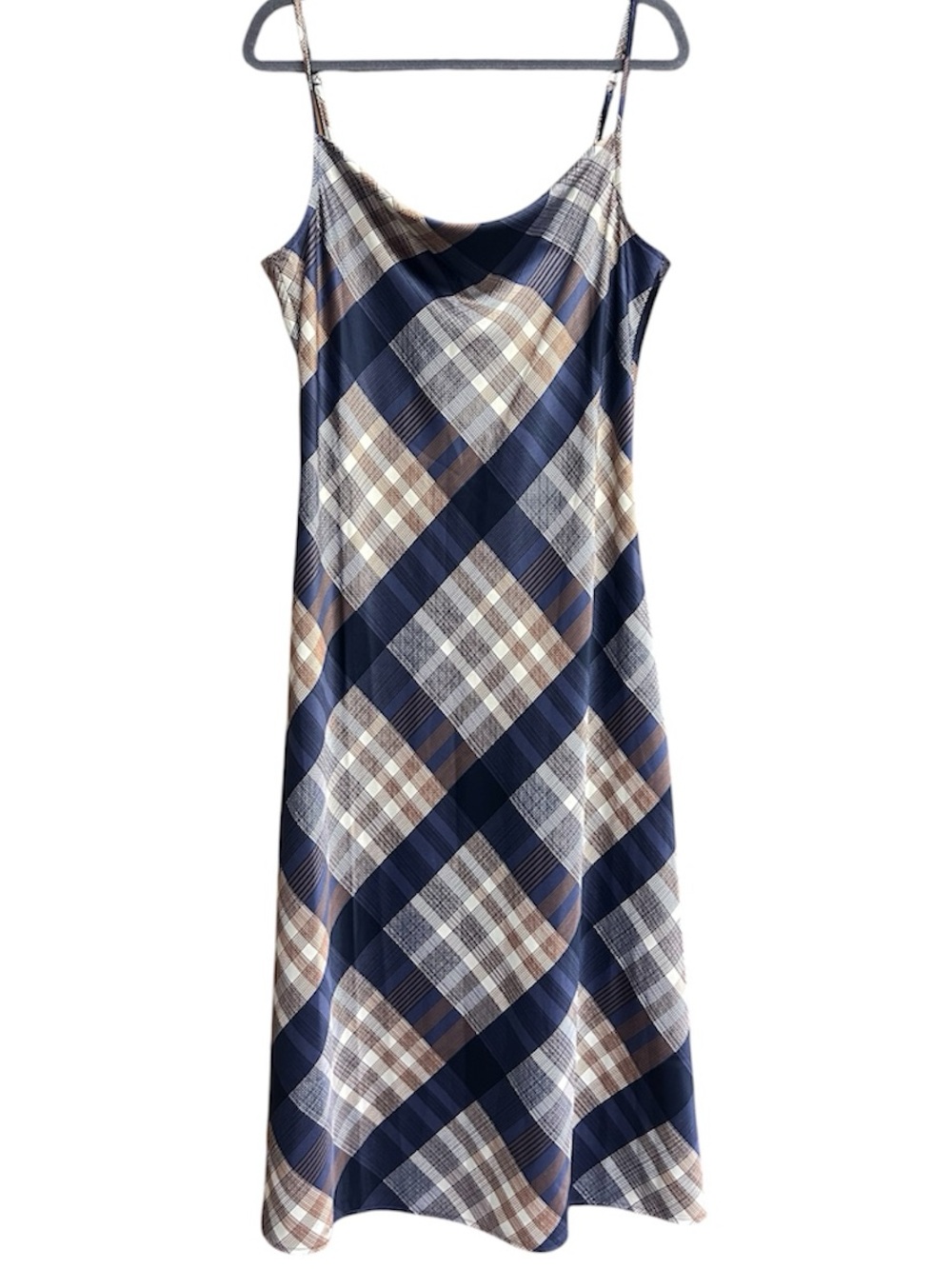 Loft Navy and Tan Plaid Midi Satin Dress NWT